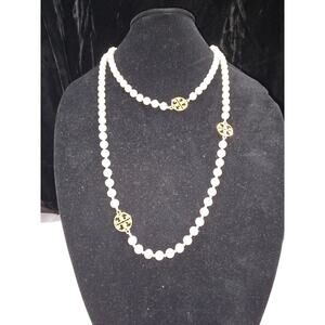 Tory Burch Evie Long Single Glass Pearl Necklace w/Jewelry Pouch NWT